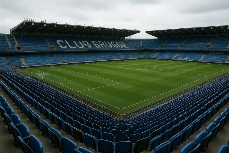 Tribunes van het stadion van Club Brugge met blauw-zwarte zetels