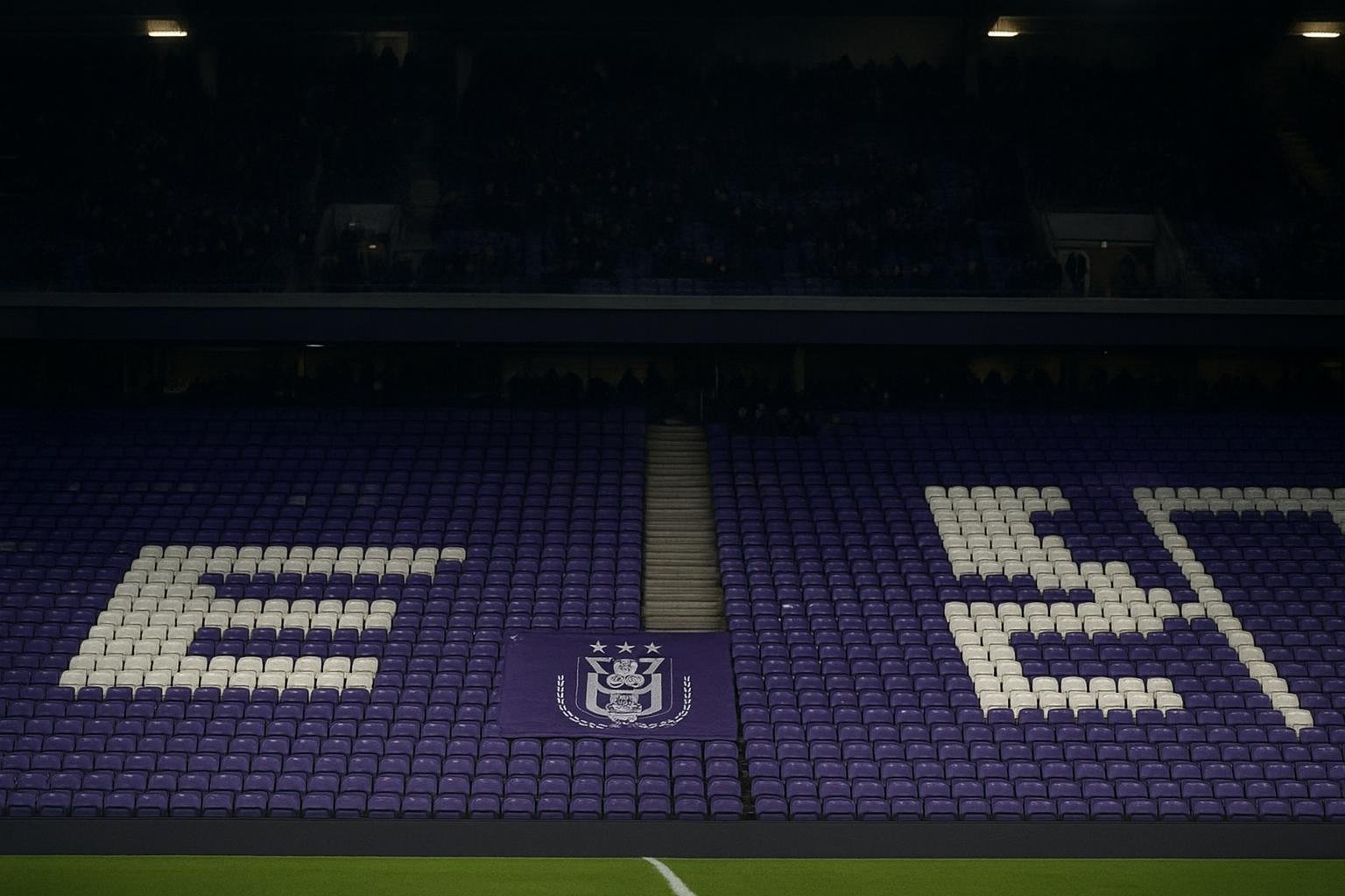 Tribunes in de clubkleuren van RSC Anderlecht in het stadion