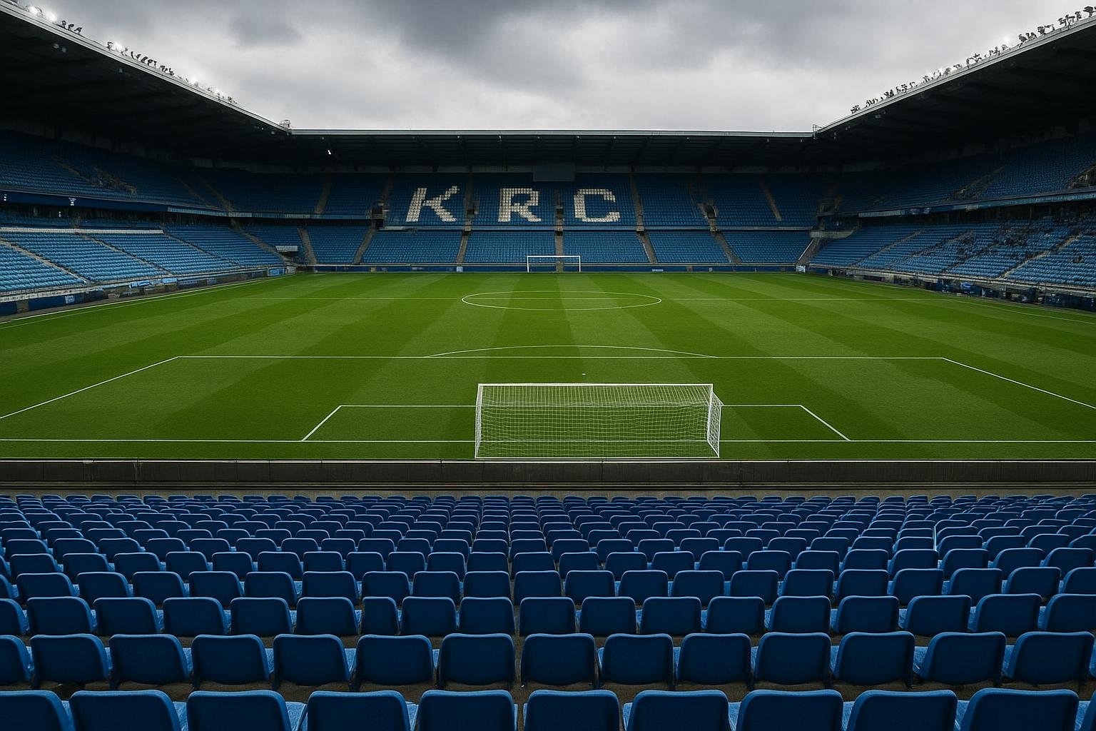 Stadion van KRC Genk met blauw-witte tribunes in aanloop naar een wedstrijd