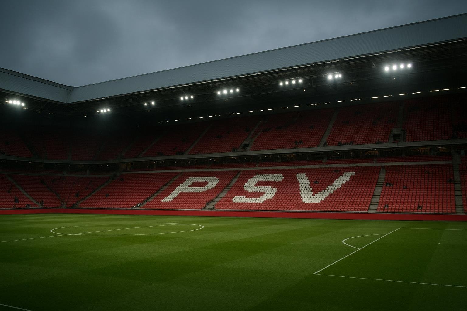 Stadion van PSV met tribunes in clubkleuren onder het licht