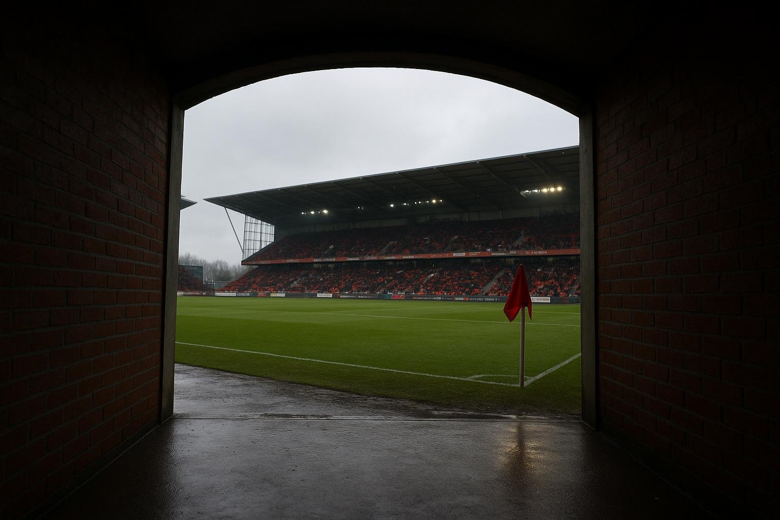 Stadion van Zulte Waregem met zicht op spelerstunnel voor een wedstrijd