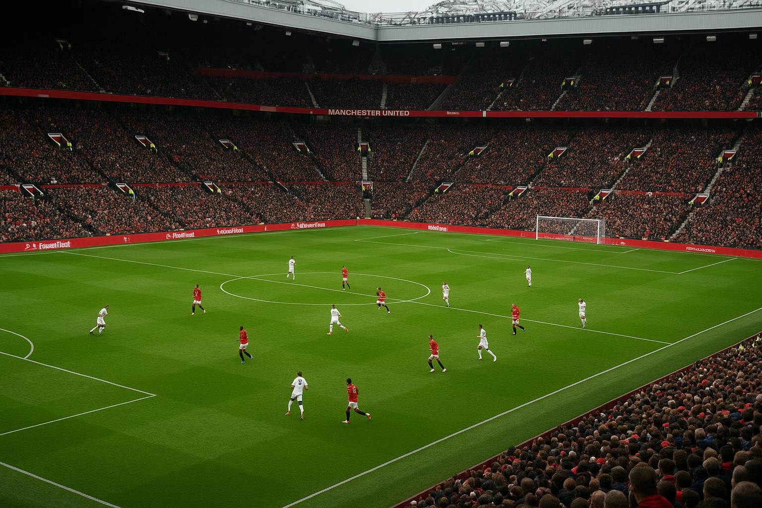 Distant beeld van een wedstrijd van Manchester United in actie