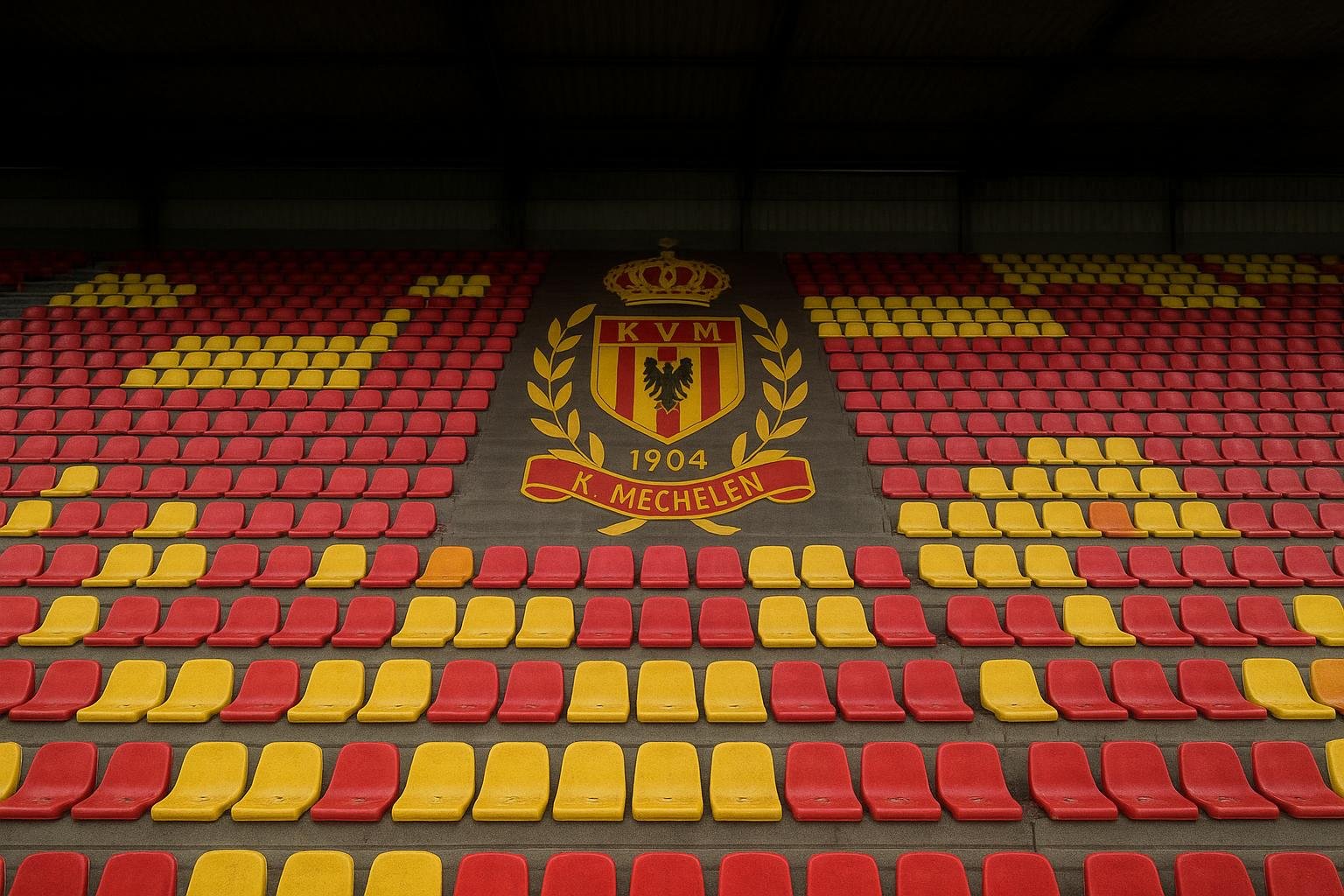 Stadion van KV Mechelen met tribunes in clubkleuren onder het licht