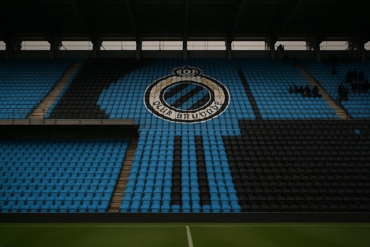 Stadion van Club Brugge met blauwe stoeltjes en gespannen sfeer onder de lichten