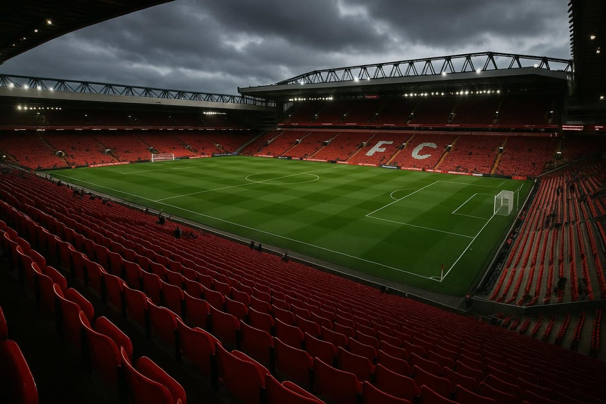 Stadion van Liverpool met rood-witte tribunes onder de lichten