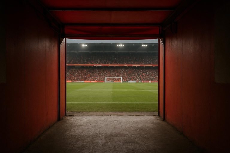 Stadionomgeving van Standard Luik met zicht op de spelerstunnel