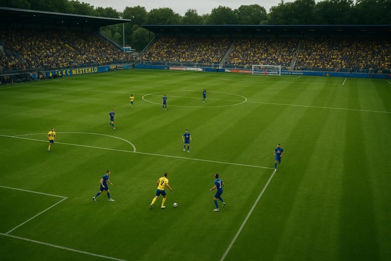 Wedstrijdactie van KVC Westerlo op het veld in een brede camerahoek