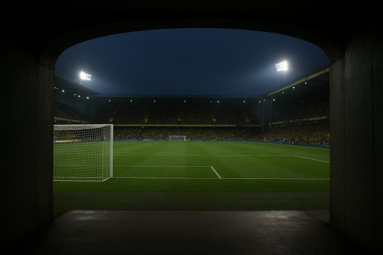 Stadion van STVV met zicht op spelerstunnel