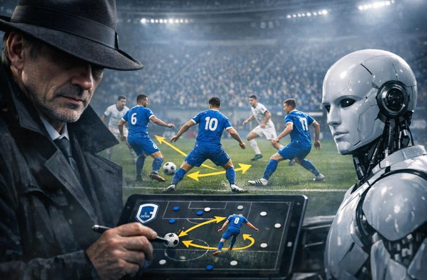 Genk-spelers combineren centraal met een derde-man loopactie tussen de lijnen