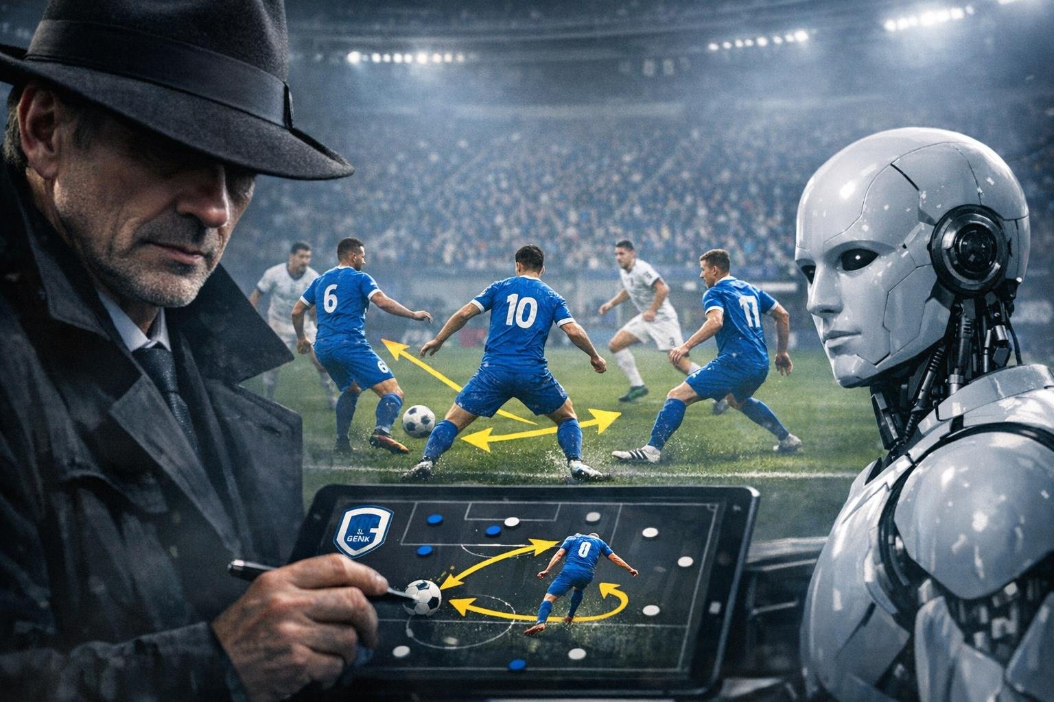 Genk-spelers combineren centraal met een derde-man loopactie tussen de lijnen