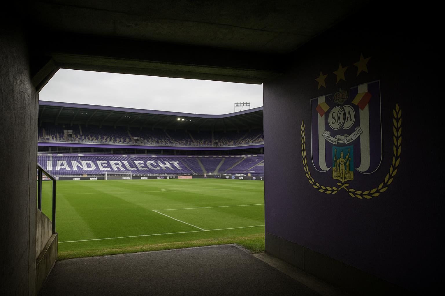 Stadionomgeving met tunnel en veld bij een wedstrijd van Anderlecht