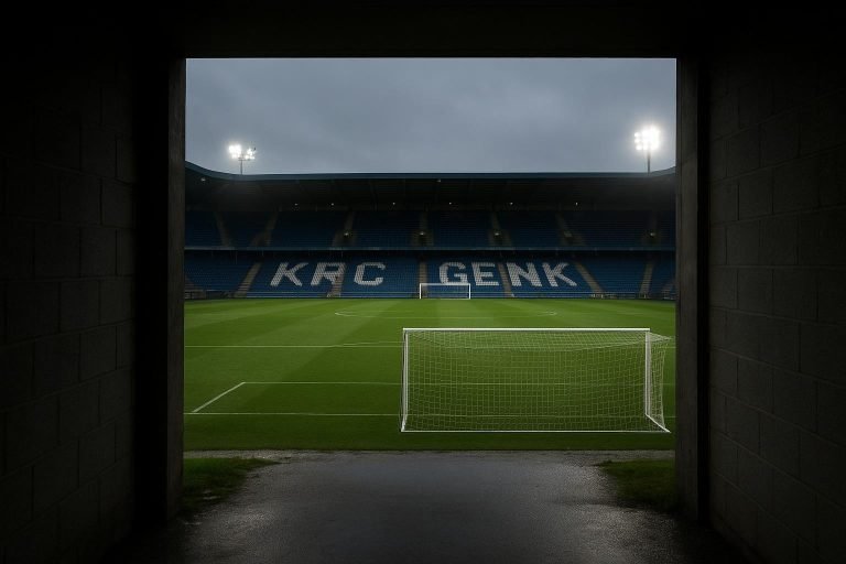 Stadionomgeving van KRC Genk met zicht op spelerstunnel