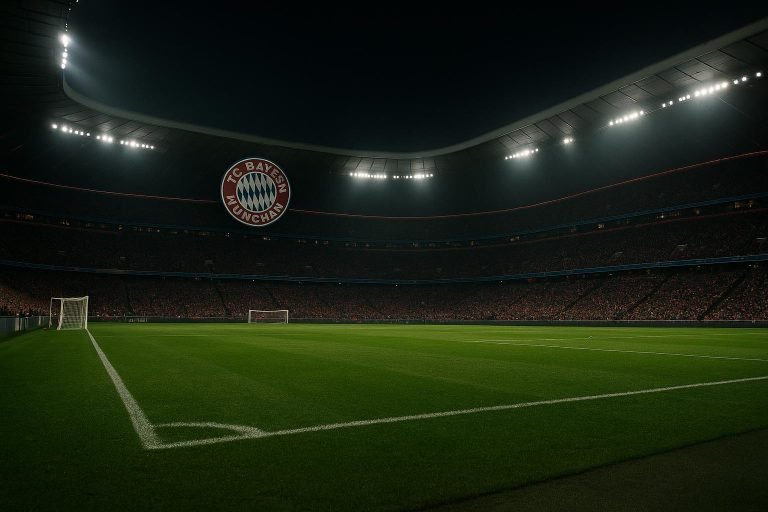 Stadionlichten boven het veld in een nachtstadion, zonder herkenbare personen.