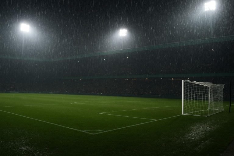 Regen op het voetbalveld onder felle stadionlichten, zonder herkenbare personen.