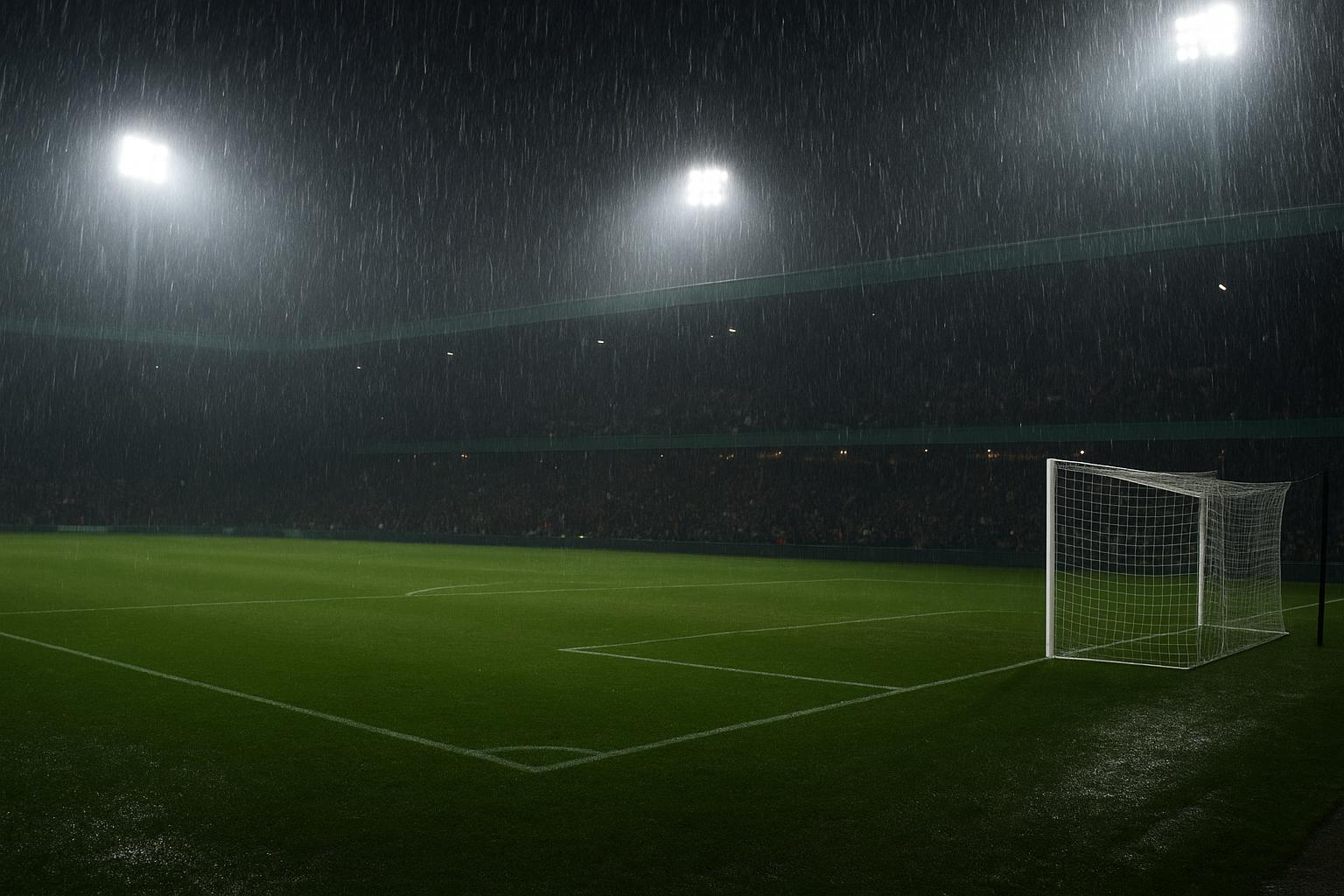 Regen op het voetbalveld onder felle stadionlichten, zonder herkenbare personen.