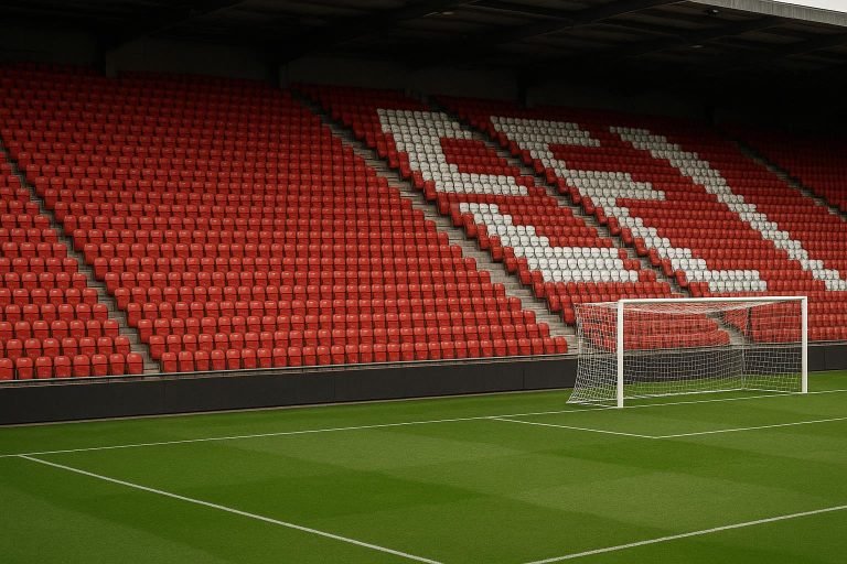 Lege stadiontribune met stoelen in clubkleuren, zonder herkenbare personen.