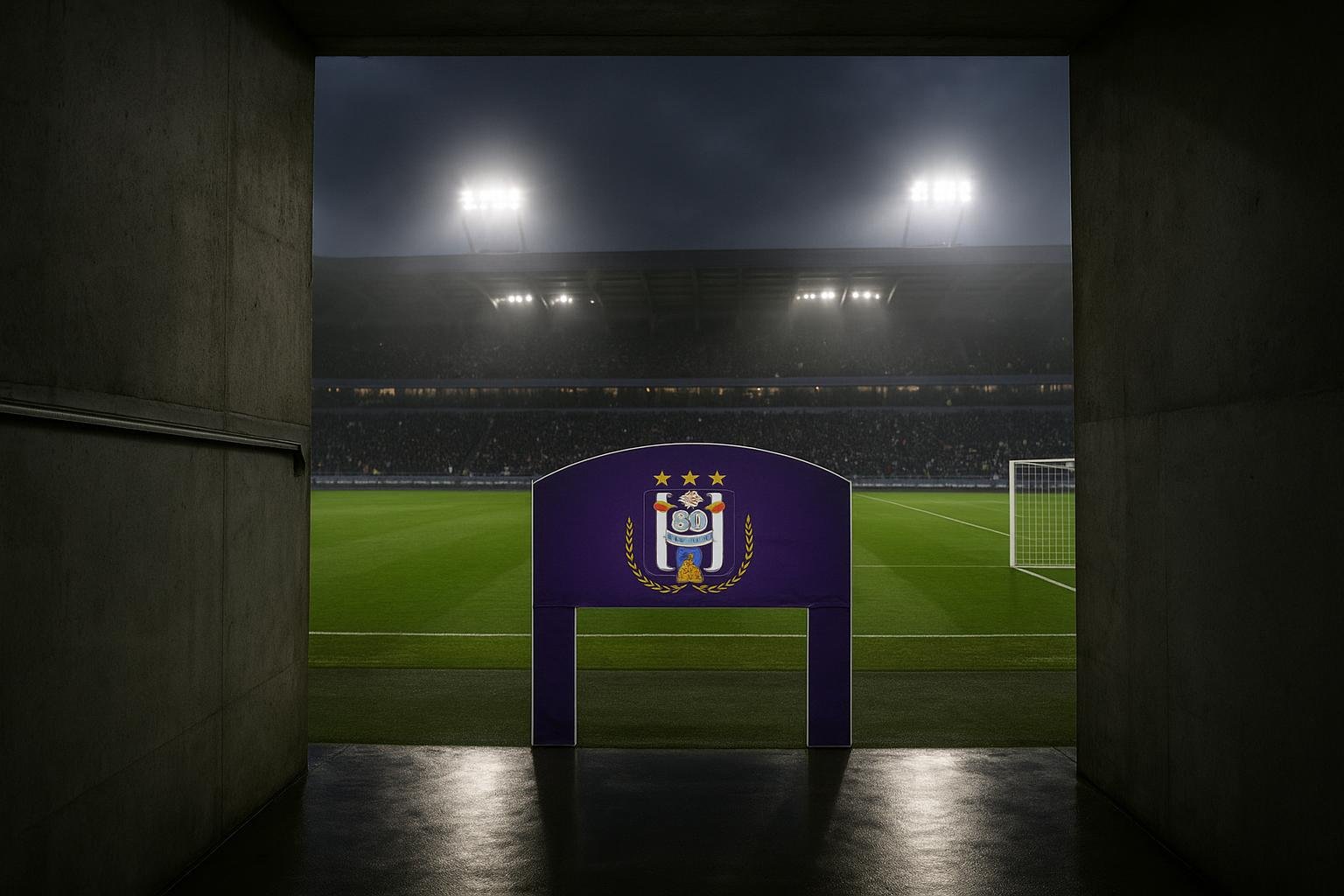 Sfeervol beeld van een stadiontunnel met avondlicht, zonder herkenbare personen