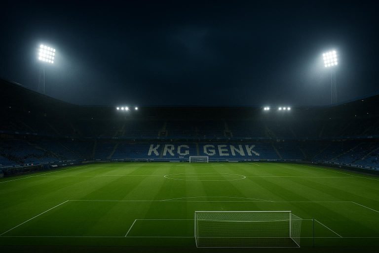 Sfeervol nachtbeeld van stadionlichten bij een wedstrijdsetting van KRC Genk.