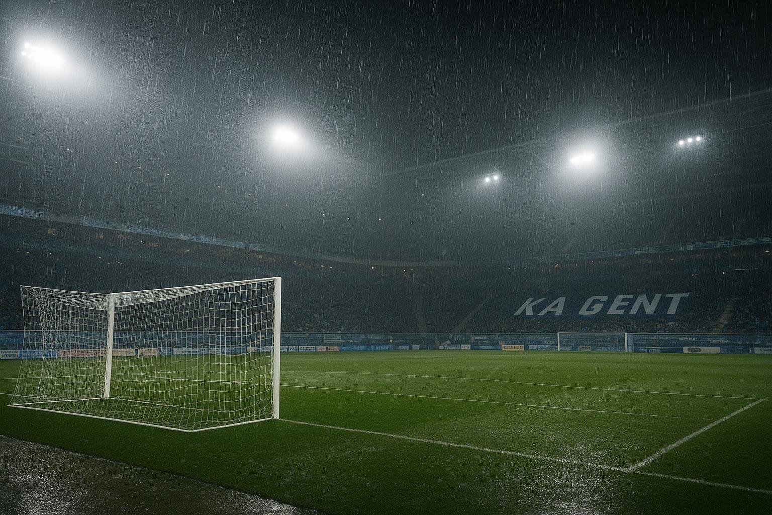 Regen op het veld onder de stadionlichten bij KAA Gent, zonder herkenbare personen.