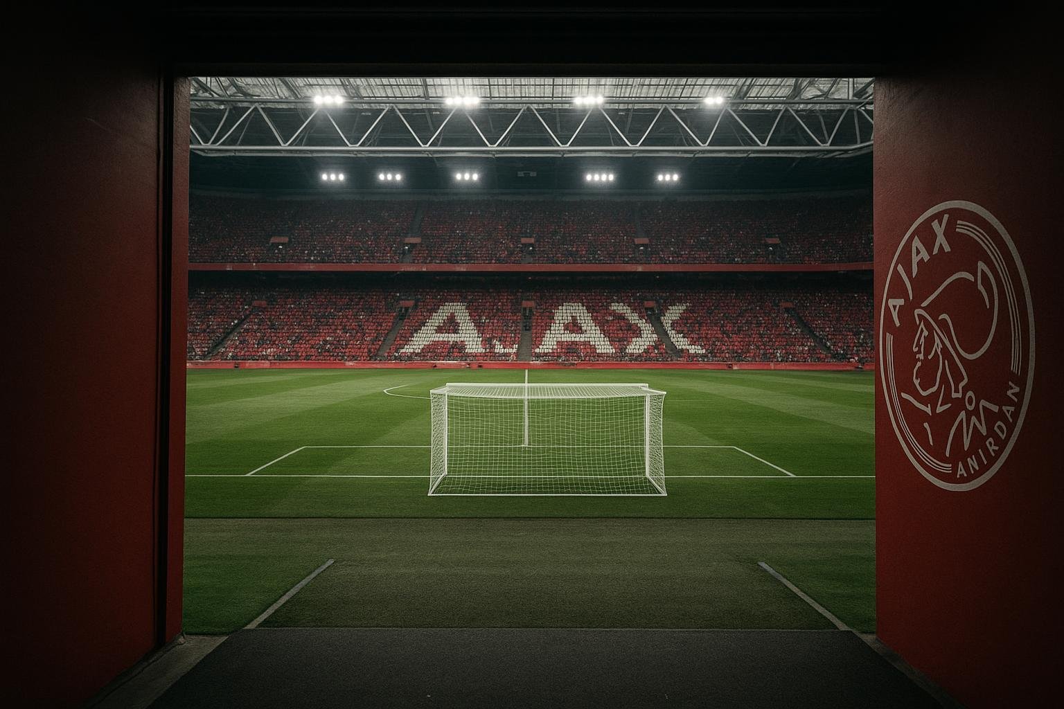 Sfeervol zicht op de stadiontunnel van Ajax zonder herkenbare personen.