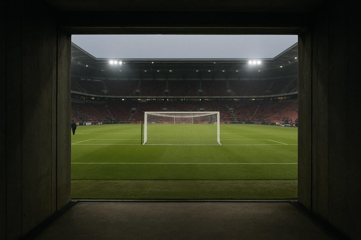 Stadiontunnel met zicht op het veld, zonder herkenbare personen, in de sfeer van transferonzekerheid rond AZ.