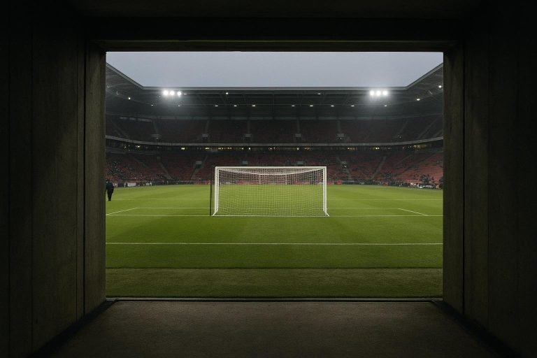 Stadiontunnel met zicht op het veld, zonder herkenbare personen, in de sfeer van transferonzekerheid rond AZ.