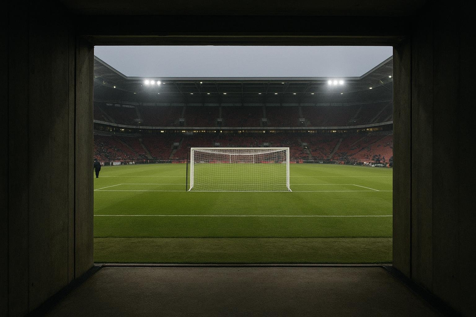 Stadiontunnel met zicht op het veld, zonder herkenbare personen, in de sfeer van transferonzekerheid rond AZ.