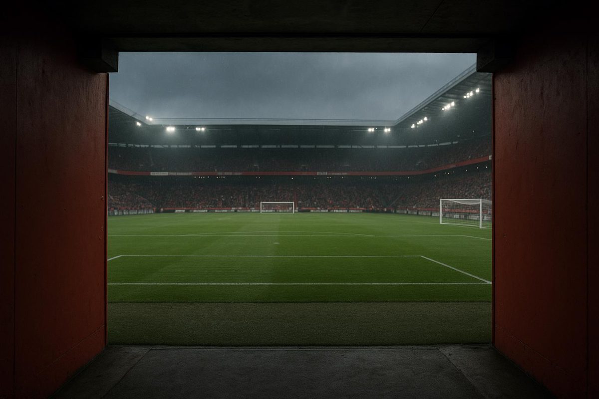 Sfeervolle stadiontunnel met rood-witte accenten, zonder herkenbare personen