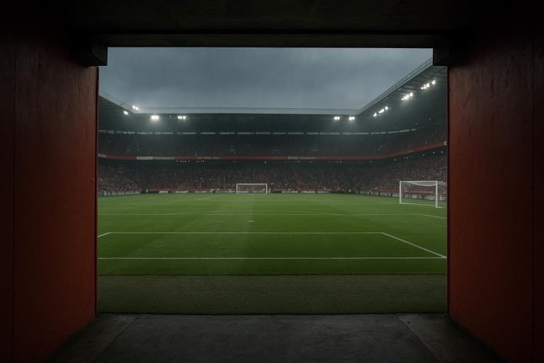 Sfeervolle stadiontunnel met rood-witte accenten, zonder herkenbare personen