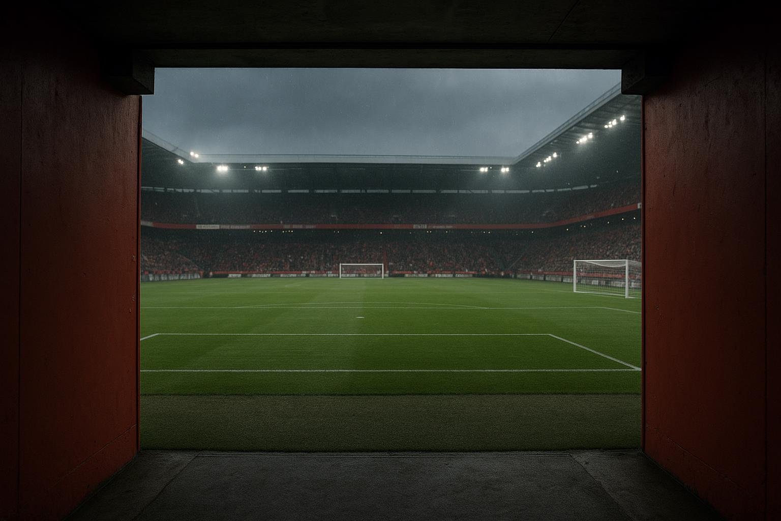 Sfeervolle stadiontunnel met rood-witte accenten, zonder herkenbare personen