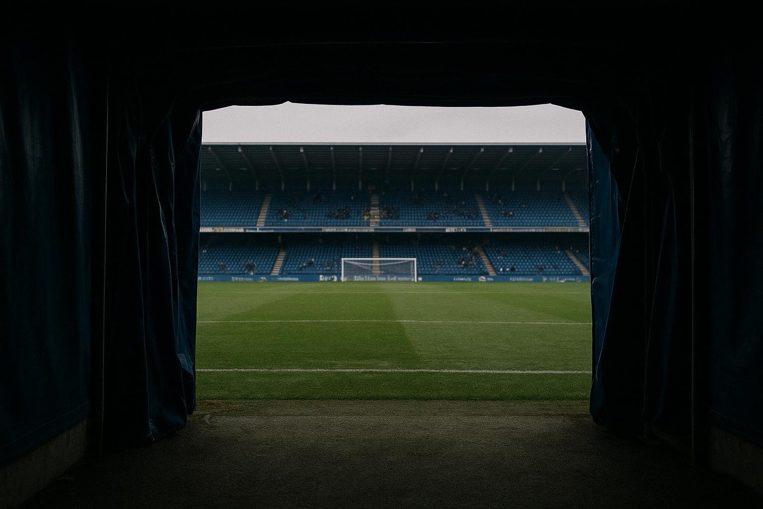 Ingang van de stadiontunnel in Club Brugge-kleuren, zonder herkenbare personen.