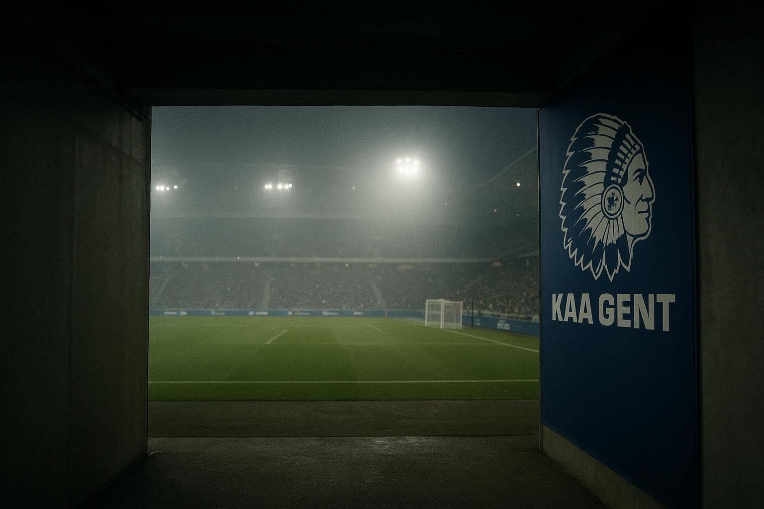 Ingang van een stadiontunnel in avondsfeer, zonder herkenbare personen.