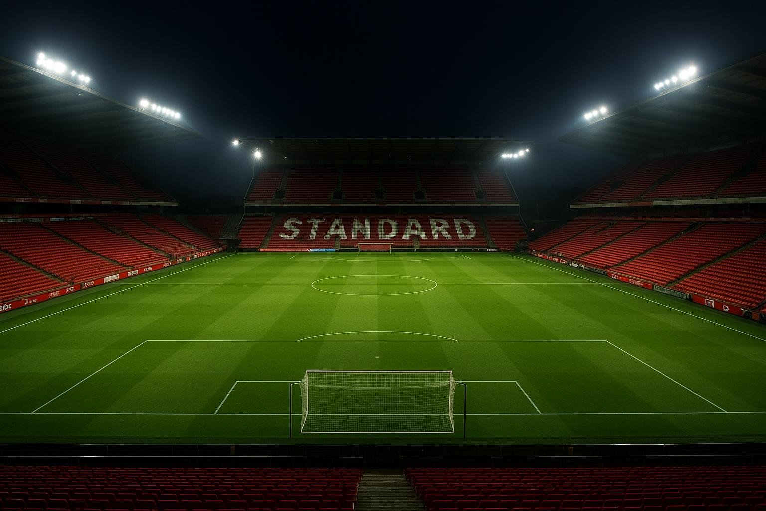 Leeg stadion onder floodlights met zicht op de tribunes, zonder herkenbare personen.