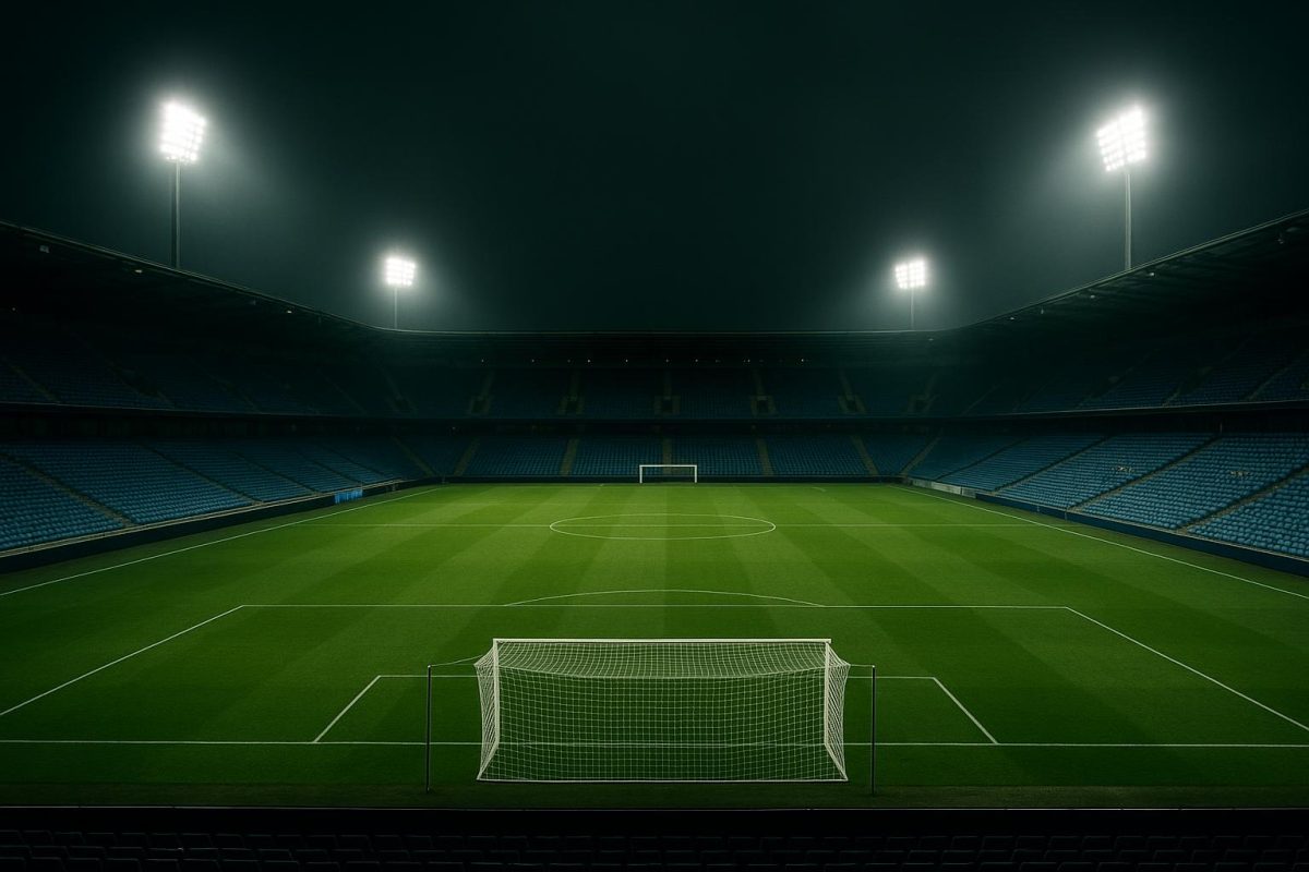 Leeg voetbalstadion onder schijnwerpers in de avond, zonder herkenbare personen