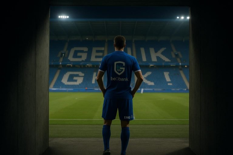 Stadiontunnel bij een wedstrijd van KRC Genk, zonder herkenbare personen.