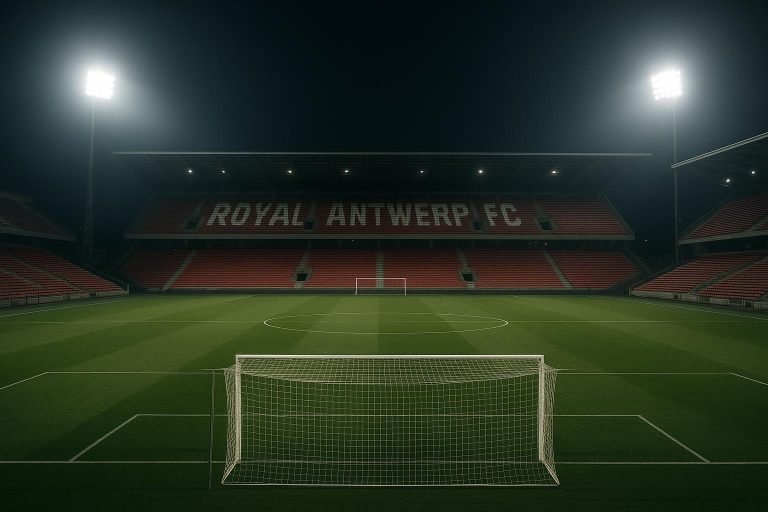Lege tribunes onder stadionlichten bij Royal Antwerp FC