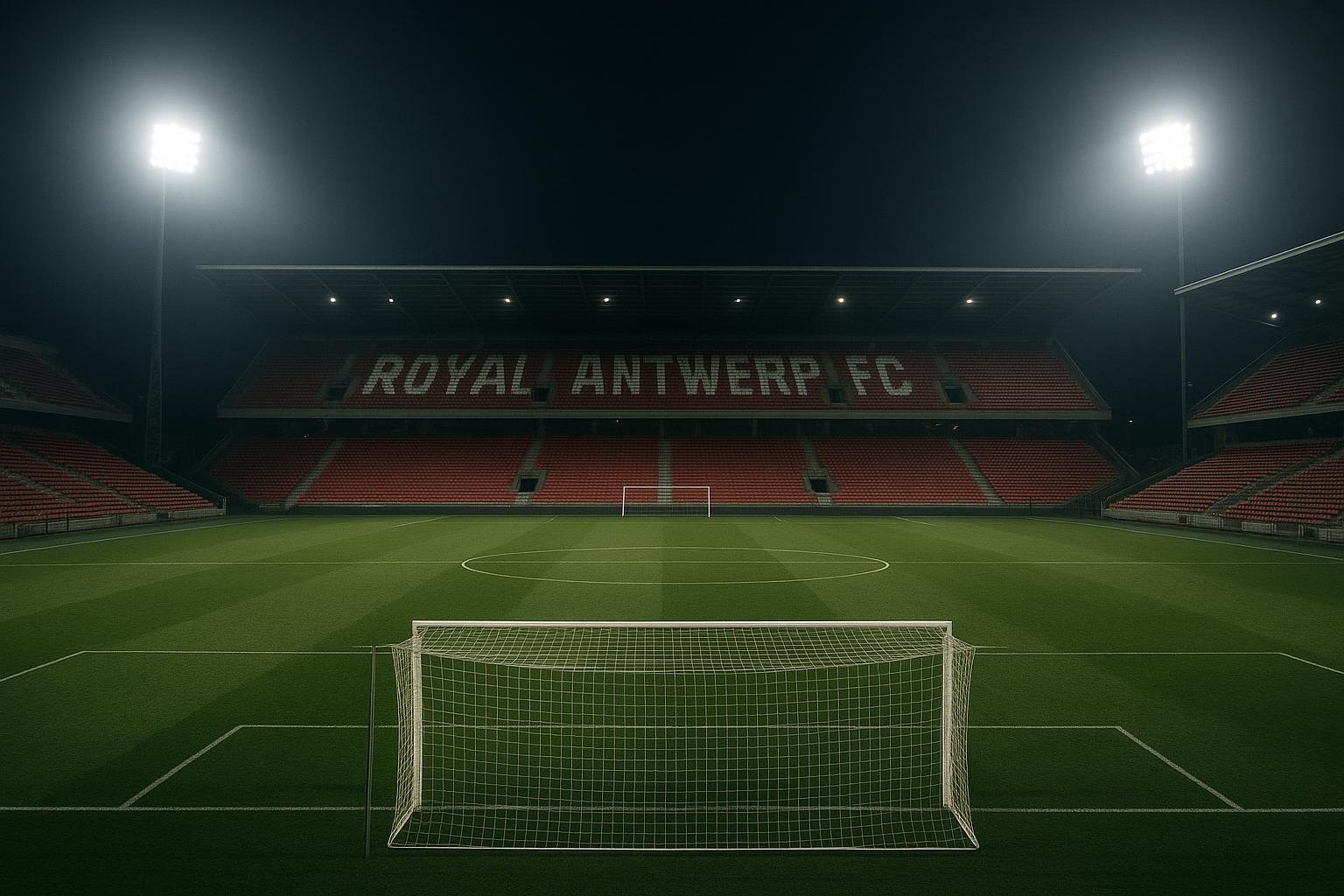 Lege tribunes onder stadionlichten bij Royal Antwerp FC