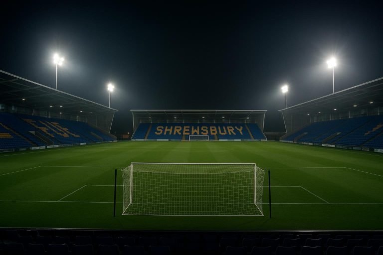 Leeg stadion onder schijnwerpers in de avond, sfeerbeeld bij een Engelse wedstrijd.