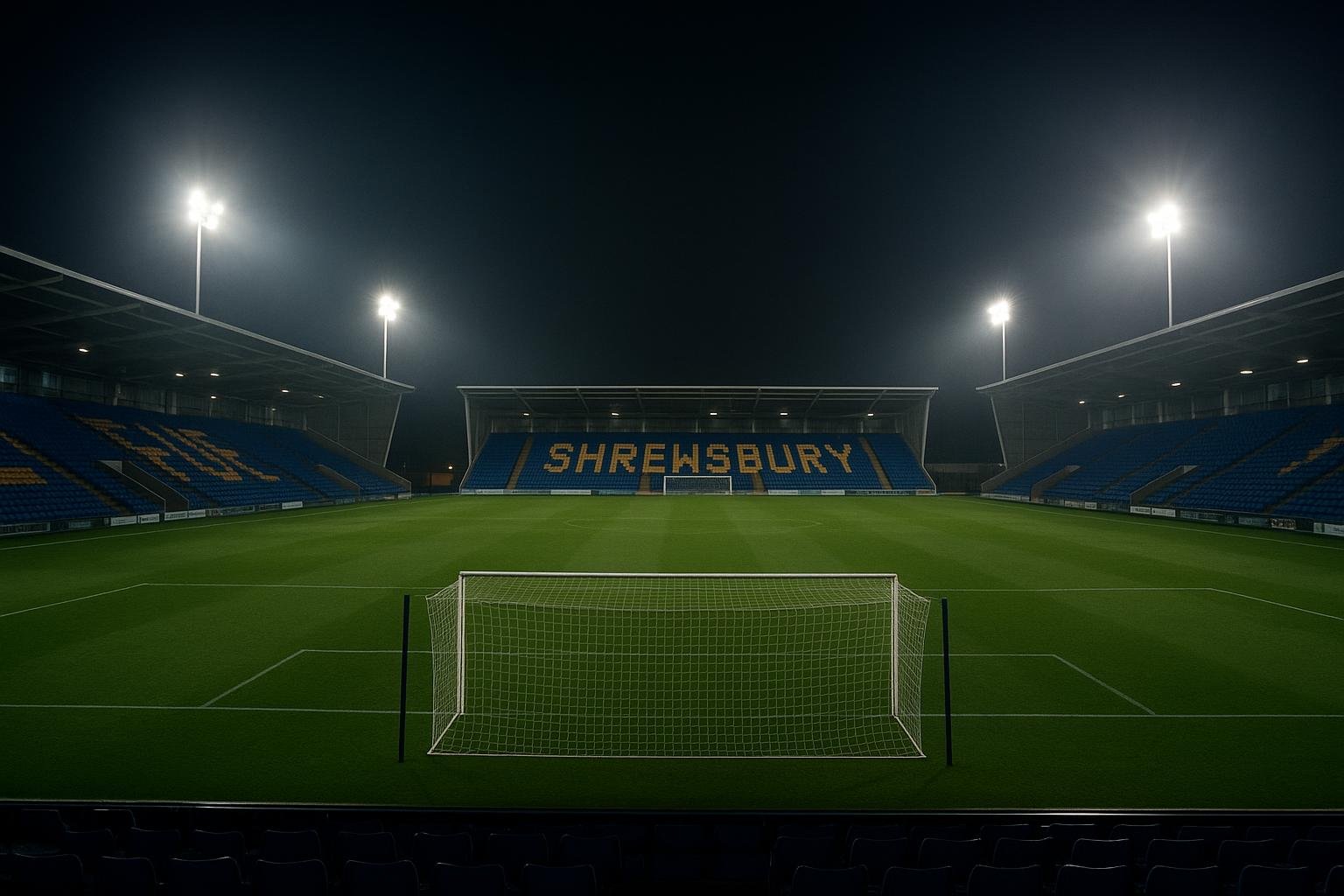 Leeg stadion onder schijnwerpers in de avond, sfeerbeeld bij een Engelse wedstrijd.