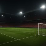 Leeg stadion onder floodlights in een gespannen sfeer, zonder herkenbare personen.