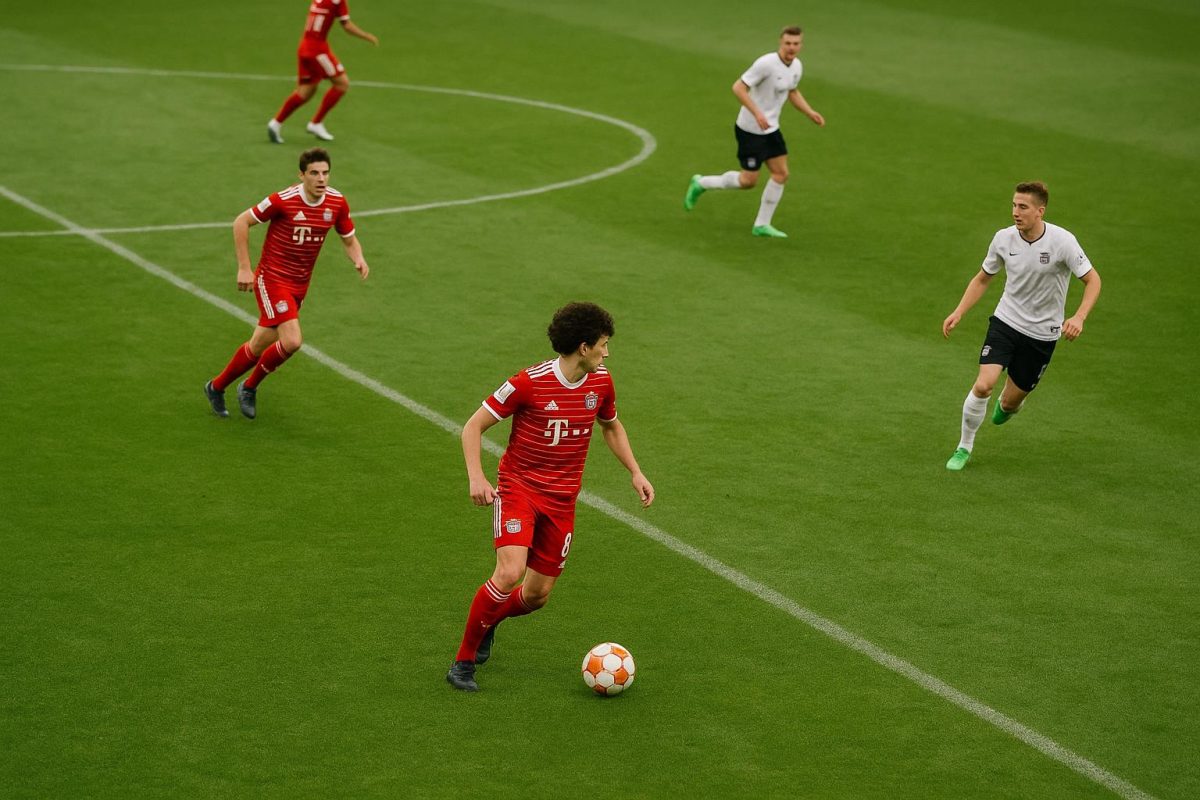 Distant match action wide angle met spelers van Bayern München in beweging, zonder herkenbare gezichten