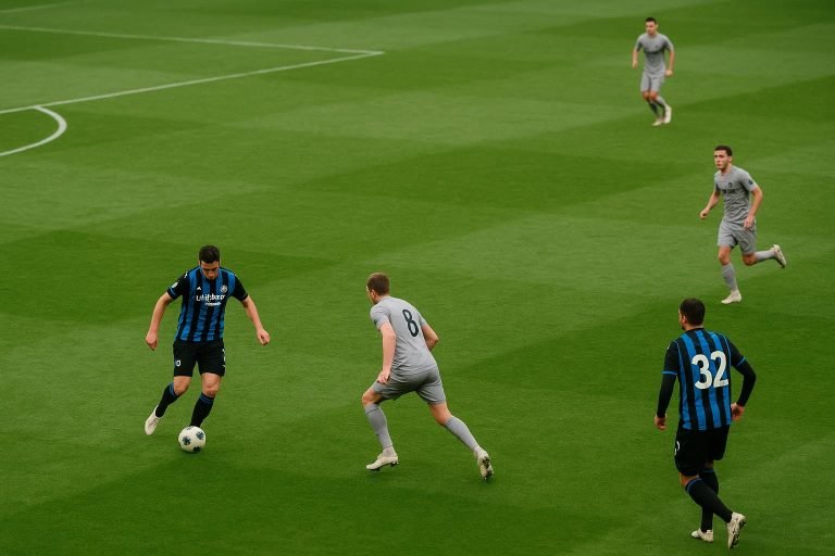 Distant match action met spelers van Club Brugge in beweging, zonder herkenbare gezichten.