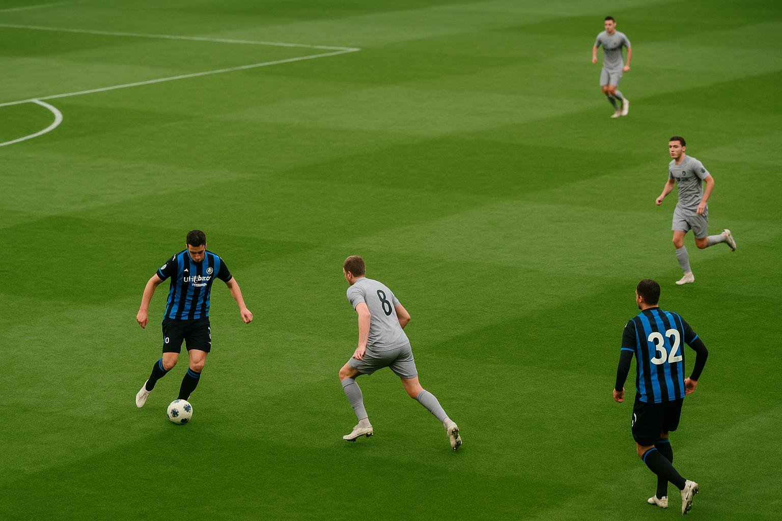 Distant match action met spelers van Club Brugge in beweging, zonder herkenbare gezichten.
