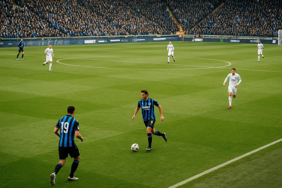 Distant match action in een wedstrijd van Club Brugge, met spelers in beweging zonder herkenbare gezichten.