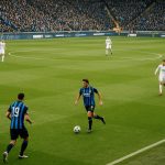 Distant match action in een wedstrijd van Club Brugge, met spelers in beweging zonder herkenbare gezichten.