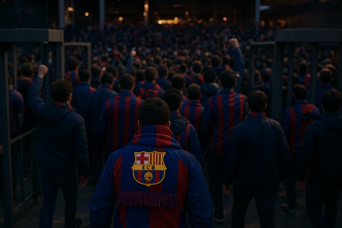 Supporters van FC Barcelona stappen het stadion binnen in clubsfeer
