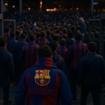 Supporters van FC Barcelona stappen het stadion binnen in clubsfeer