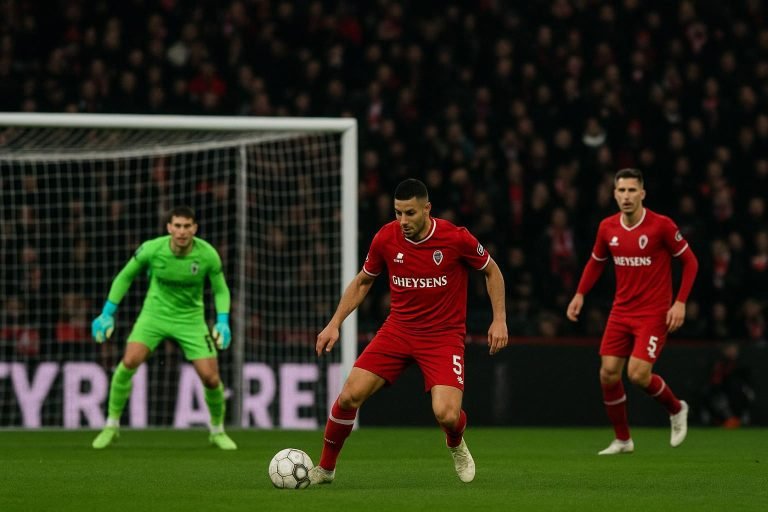 Verdedigende actie van Royal Antwerp FC tijdens een wedstrijd
