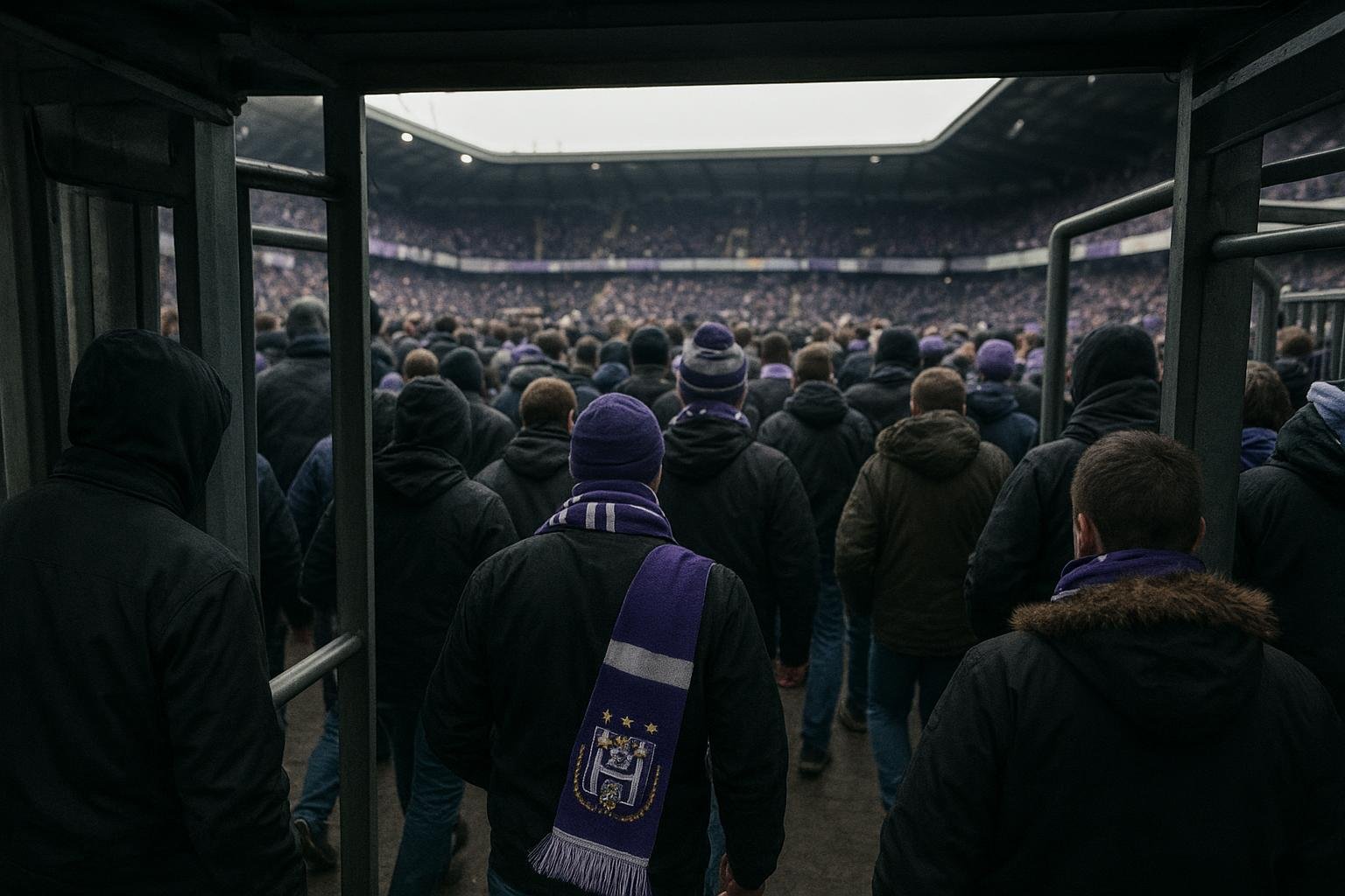 Supporters stappen het stadion binnen, gezien van achteren, in clubkleuren.
