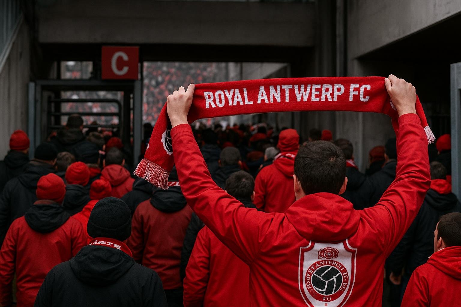 Supporters van Royal Antwerp FC stappen het stadion binnen in rood-witte kleuren